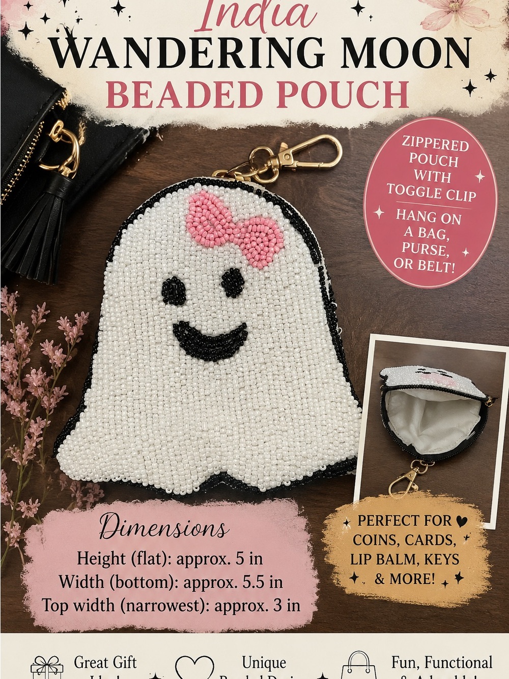 Wandering Moon Beaded Ghost Pouch - White with Pink Bow